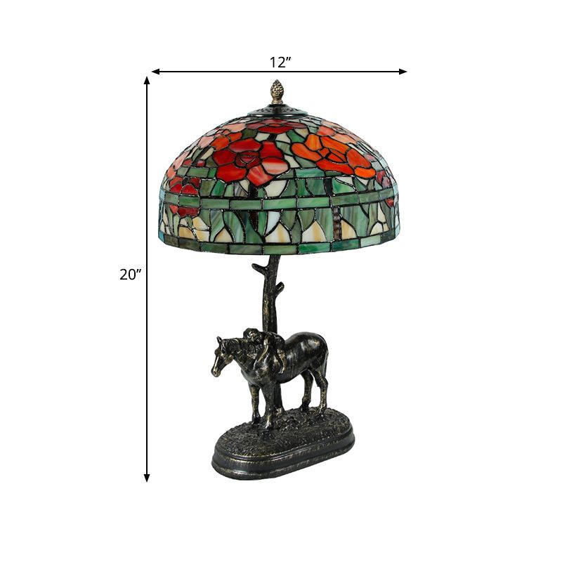 1 Kopftisch leichte antike Pferdesharz -Nachttisch -Lampe mit gewölbter Schnittglasschatten in Bronze