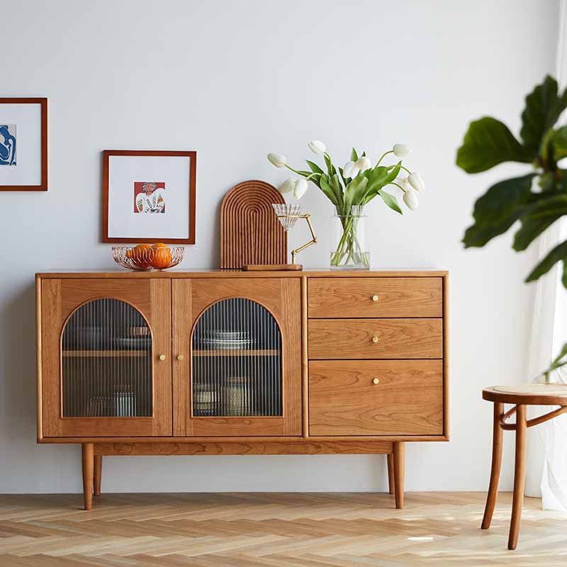 Mid-Century Modern Cabinet Cherry 1Shelves 3 - Drawer Knobs Straight Legs Accent Cabinet