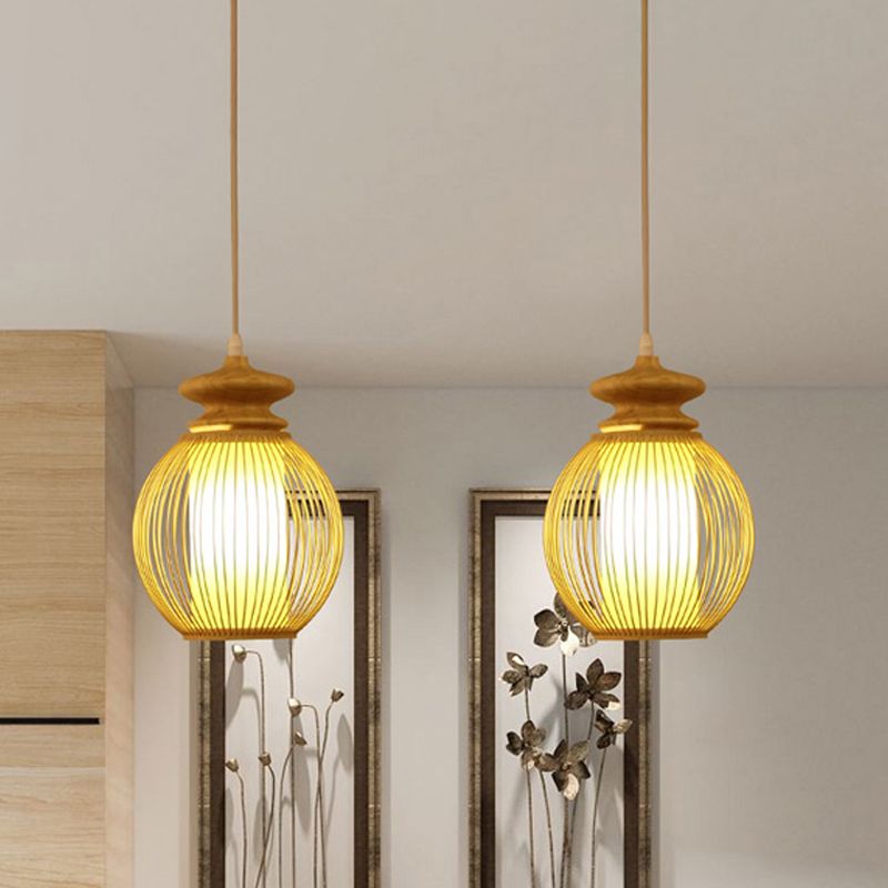 Lámpara de techo de jarra Bambú japonesa de 9 "/12" de ancho 1 cabeza accesorio de iluminación colgante de beige con sombra de pergamino tubular interno