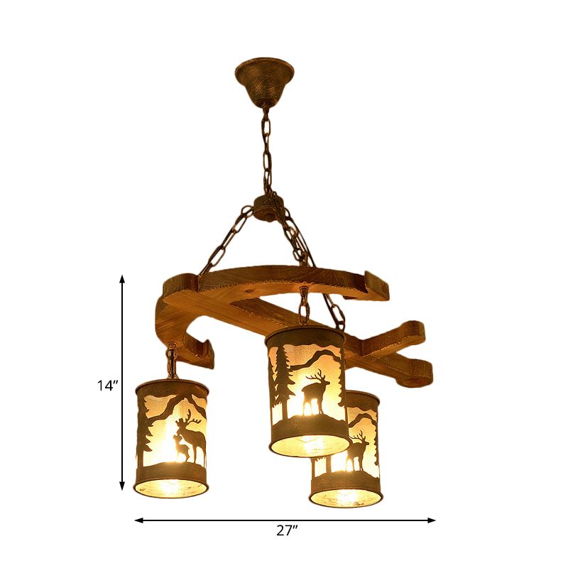 Cylinder Living Room Chandelier Rustic Wood 3 Lights Brown Hanging Fixture with Anchor Accents