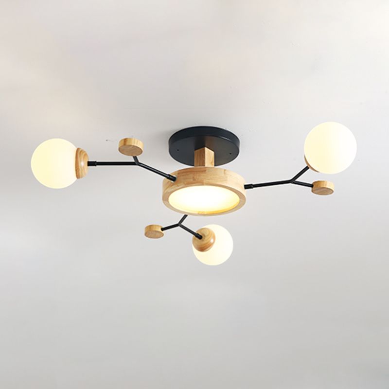 Nordic Solid Wood Ceiling Light White Glass Modos Semi Flush Light for Living Room