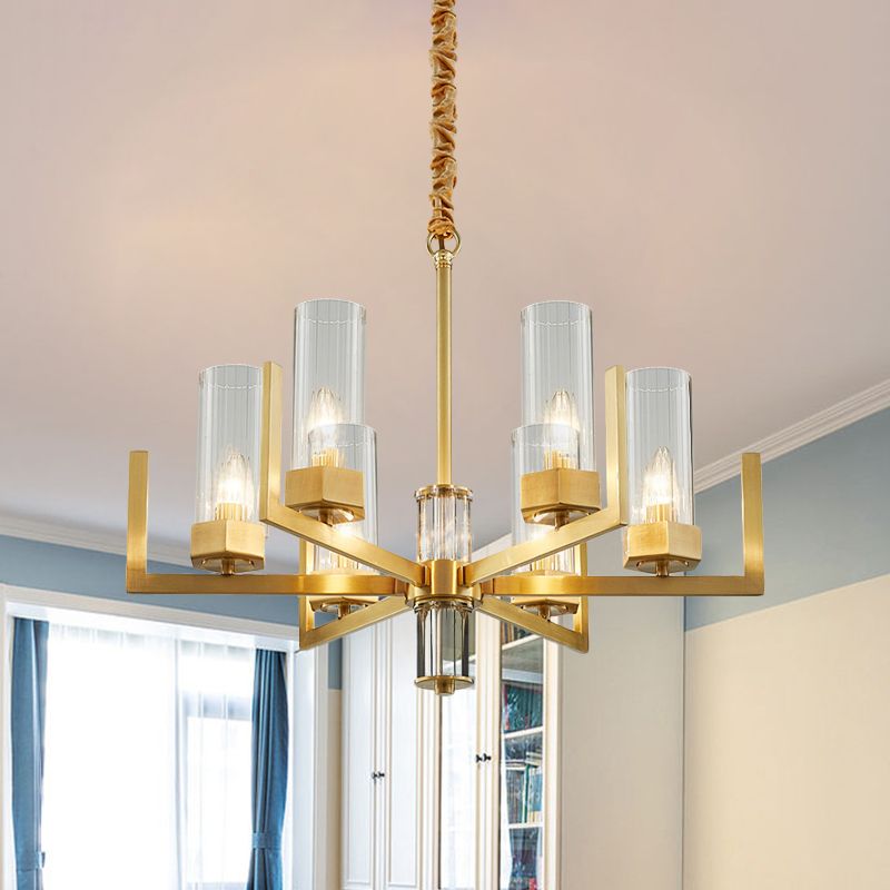 6-Light Clear Glass Chandelier Lamp Colonialism Gold Column Living Room Ceiling Pendant Light