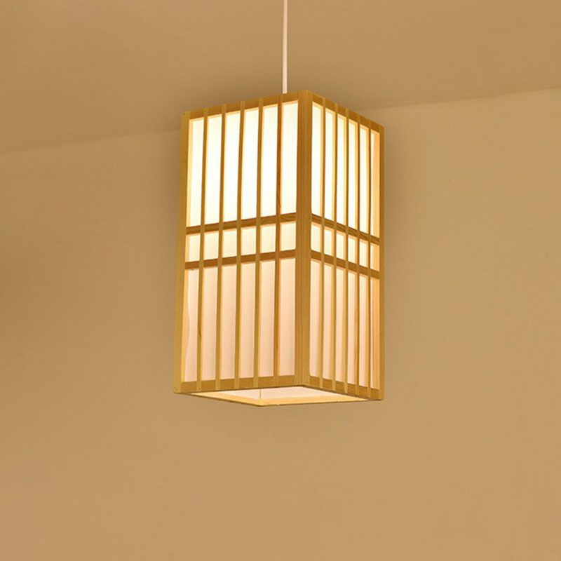Cage Lantern Pendant Light Fixture Asia Bamboo 1-Light Bistro Suspension Lamp in Wood