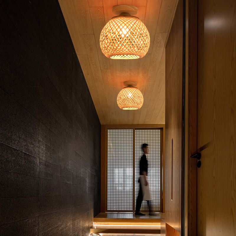 Asia Sphere Ceiling Flush Mount Bamboo Ceiling Mounted Fixture in Beige