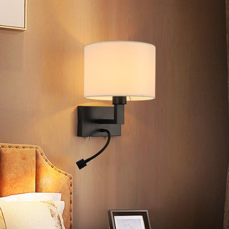 Modern Metal Wall Sconce Cylinder Shape Wall Light with Fabric Shade for Bedroom
