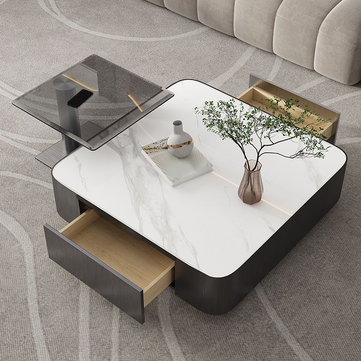 Square Slate Coffee Table Set Contemporary 2 Drawers Cocktail Table