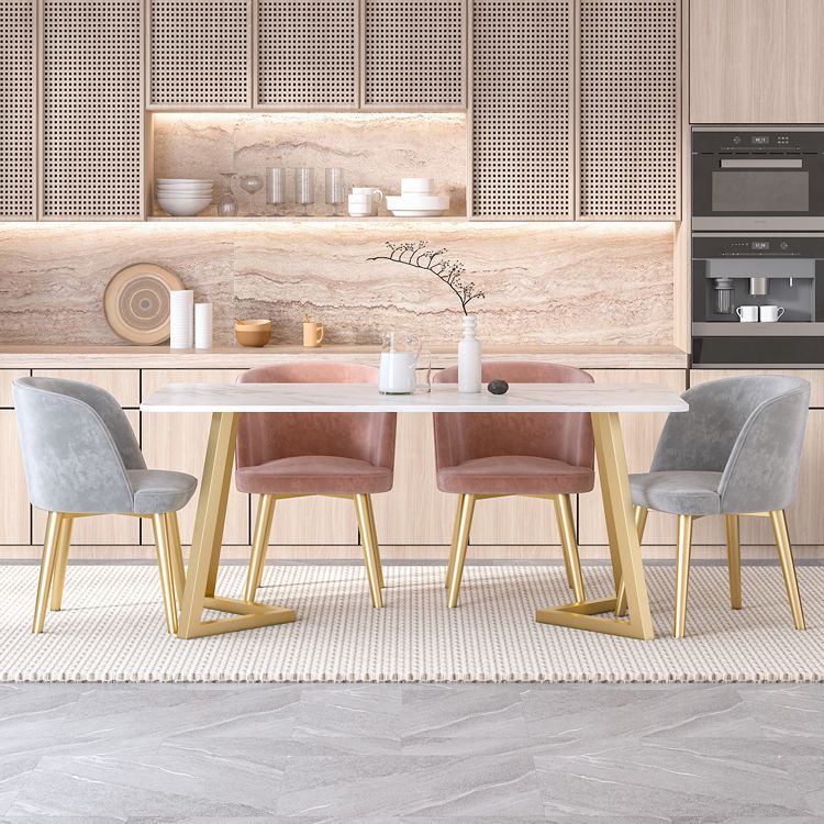 Juego de mesa de comedor de piedra sinterizada escandinava con mesa rectangular y base de comedor para el hogar de la base de metal