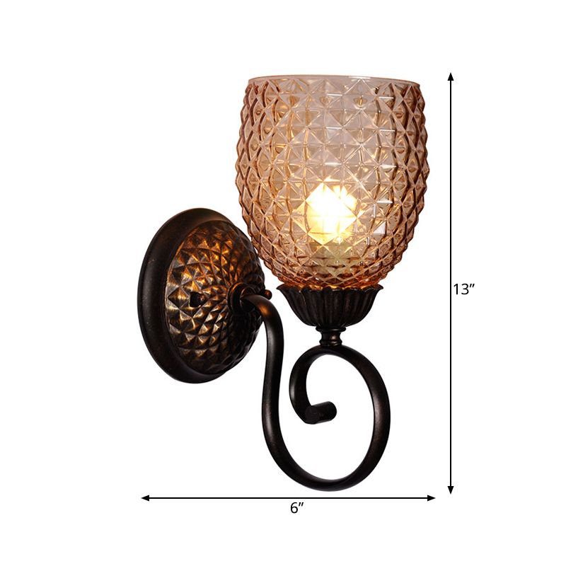 Ribbed Glass Black Wall Sconce Tulip 1 Light Traditionalist Wall Light Fixture for Living Room