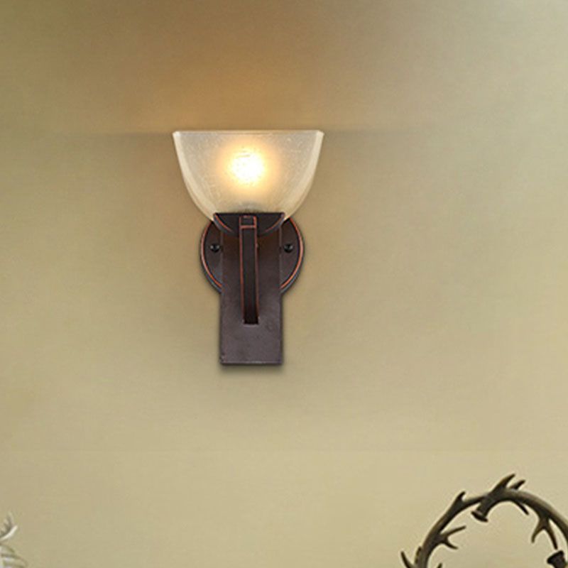 Dome Bedroom Wall Lighting Retro Frosted Glass 1 Light Black Wall Sconce Light with Metal Curvy Arm