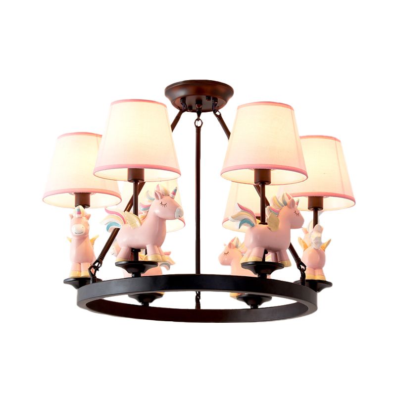 Luce a pendolo unicorno rosa con il lampadario del soffitto in tessuto a 6 teste di design ad anello nero