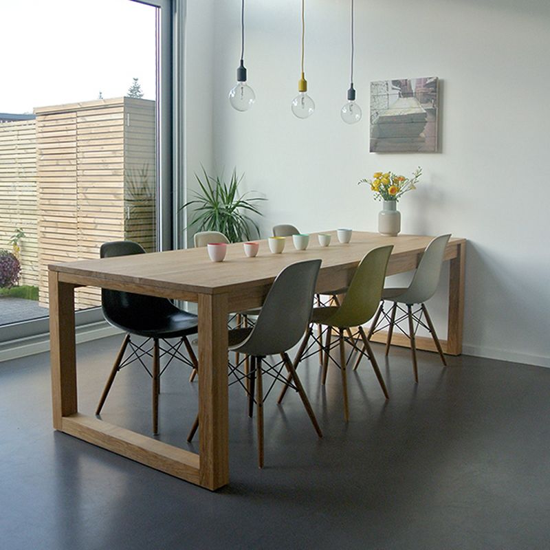 Mesa de comedor rectangular sencilla, mesa de madera maciza de pino con pedestal doble para comedor