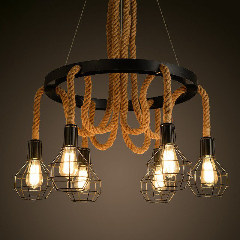 6 Bulbs Ceiling Chandelier Rustic Circular Iron Pendant Light with Hemp Rope and Cage in Brown for Restaurant