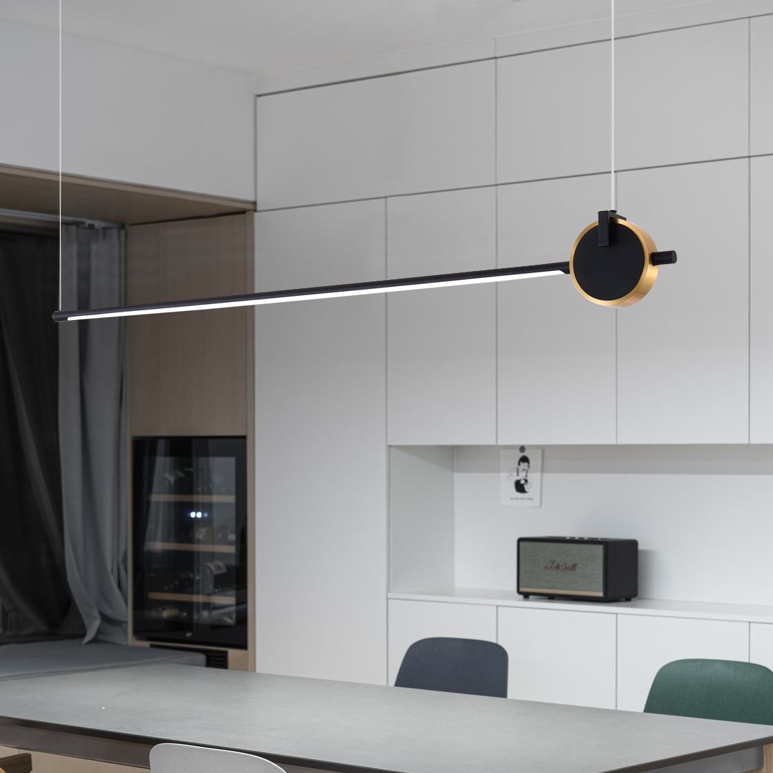 Black metal eiland licht modern 1-head lineair restaurant hangende lamp met acryl schaduw