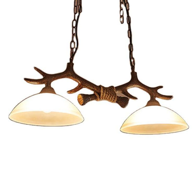 Verre Beige Dark Coffee Pendant Light Dome 2 Heads Restaurant Hanging Island Light With Antler Decor