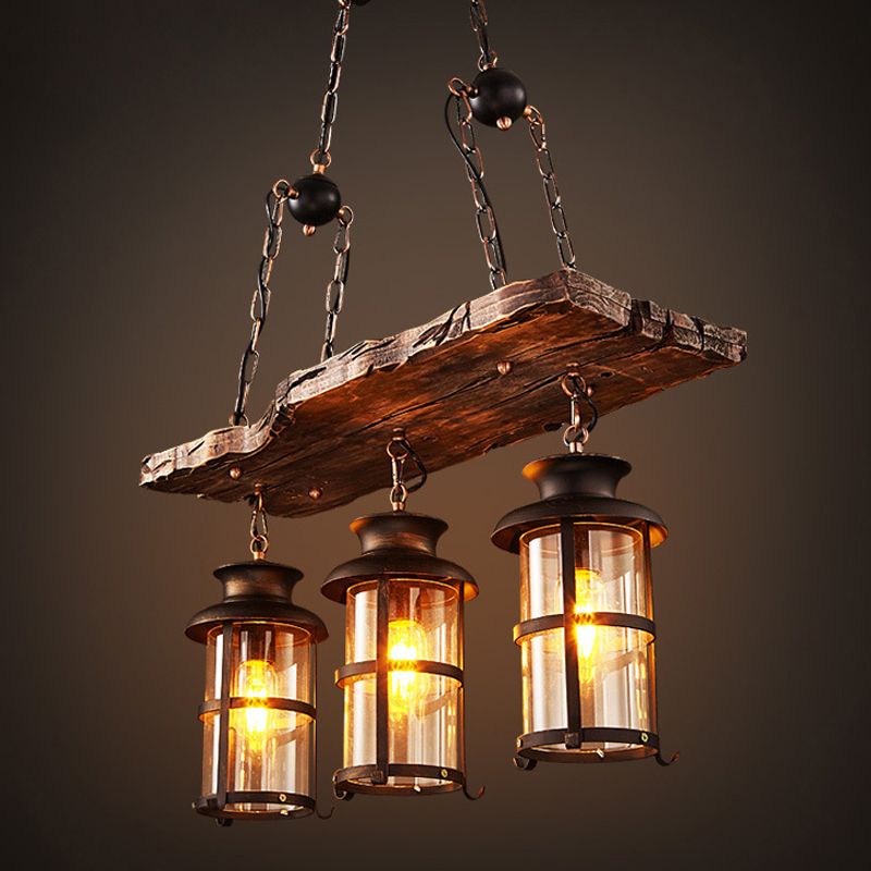 Rectangular Shape Pendant Light Industrial Style Wood 3 Lights Pendant Light in Brown