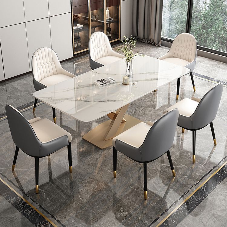 Mesa de comedor de piedra sinterizada de glamour Mesa de comedor de forma blanca de forma blanca con base de pedestal