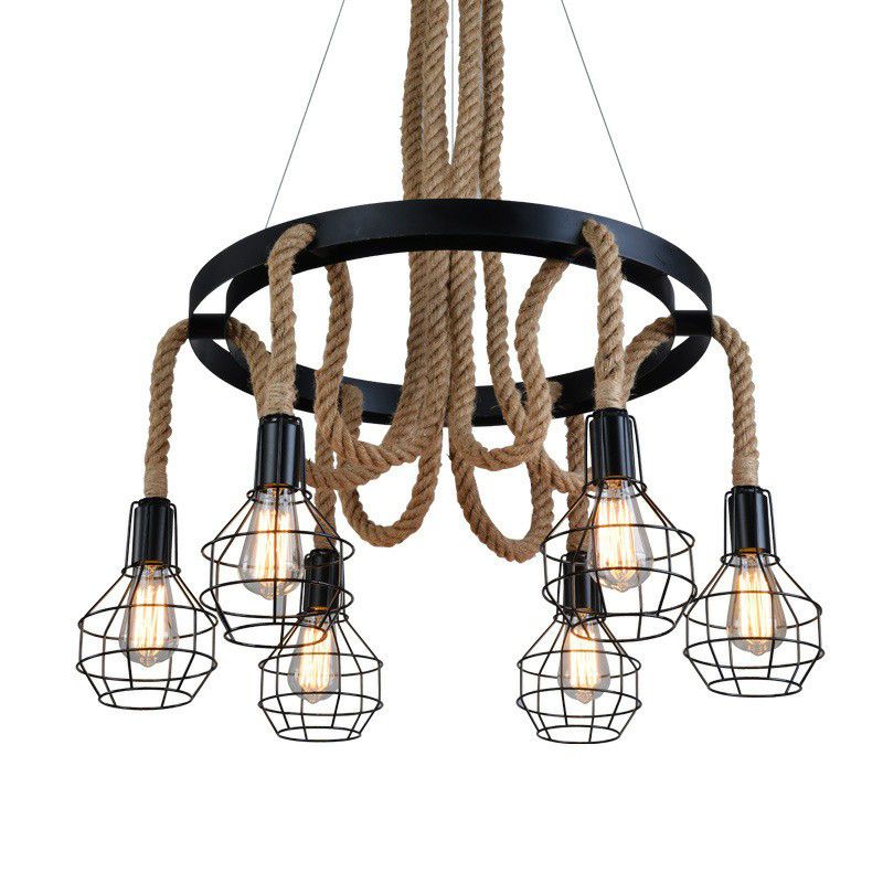 6 Lampenlampen Deckenkronleuchter rustikaler kreisförmiger Eisenheizlicht mit Hanfseil und Käfig in Brown für das Restaurant