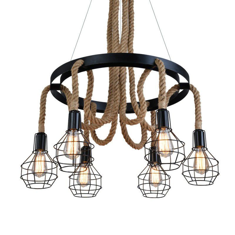 6 Bulbs Ceiling Chandelier Rustic Circular Iron Pendant Light with Hemp Rope and Cage in Brown for Restaurant