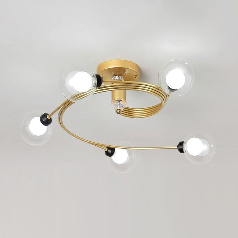 Gold Spiral Semi Flush Lighting Nordic 3/5 Lichter Deckeneinbau mit Orb Klar/Milch/Weiß Glasschirm