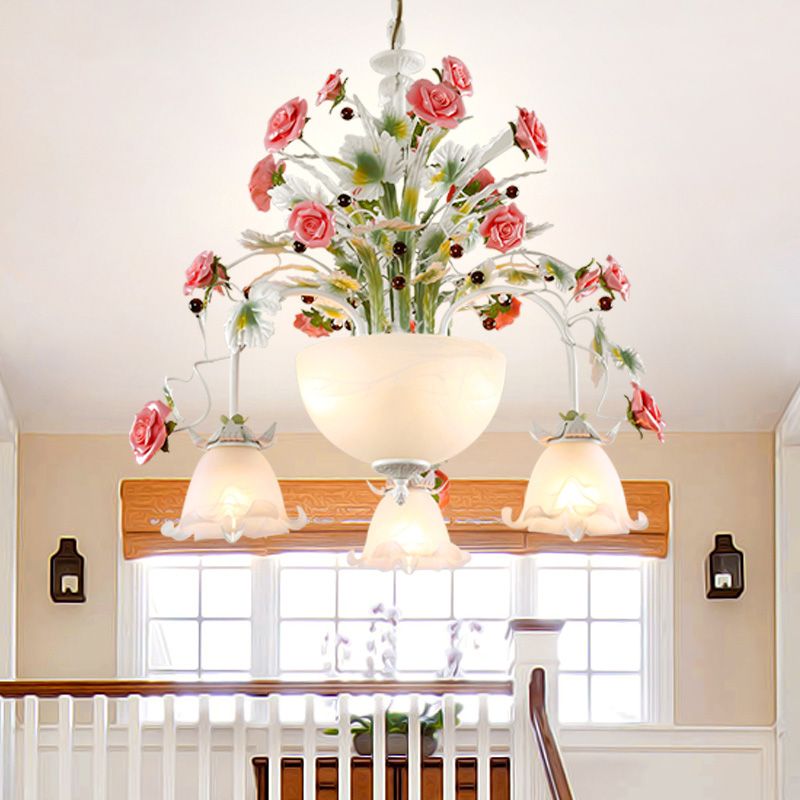 5-Head Ceiling Chandelier Countryside Flower Milk Glass Suspension Lamp for Stair