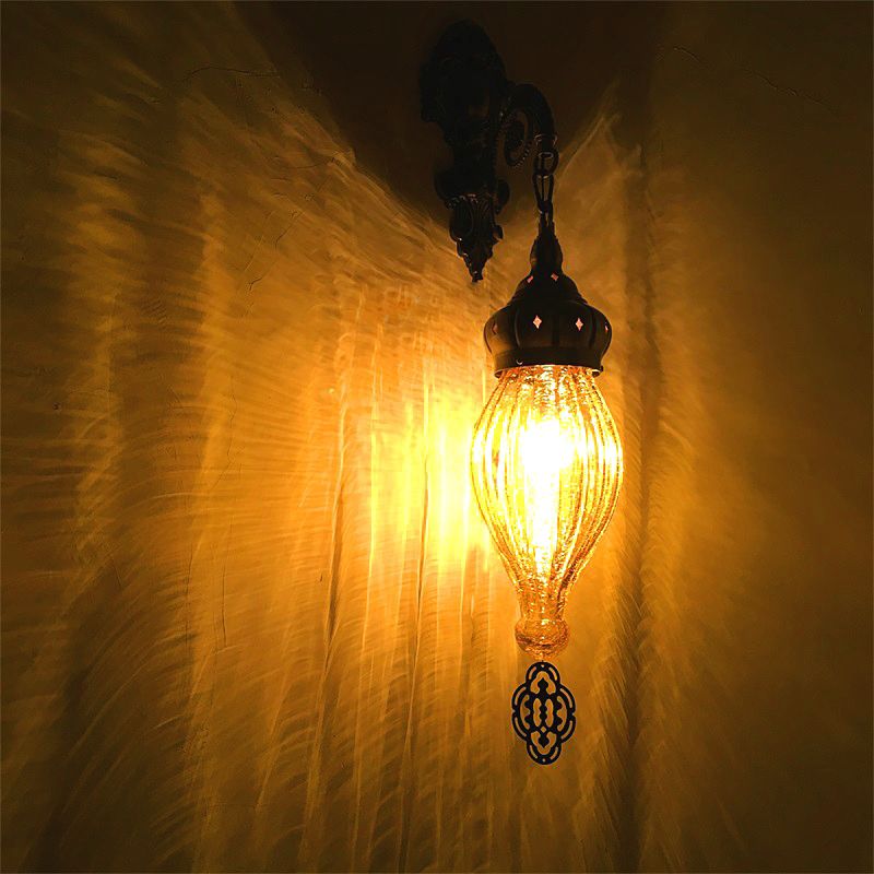 Traditional Teardrop Sconce Black/White/Light Blue Glass 1 Head Wall Mounted Lamp with Carved Metal Arm