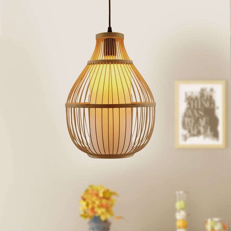 Lágrima de lágrima Lámpara colgante de alojamiento Bambú 1 Cabeza de color beige Iluminación con sombra de papel de cilindro interior