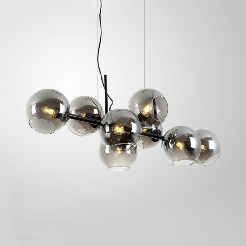 8 Bulbs Ball Island Lamp Contemporary Clear/Smoke Glass Suspended Lighting Fixture in Black/Gold for Dining Room