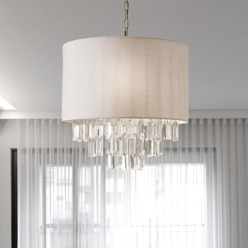Rectangular-Cut Crystal Drum Hanging Chandelier Modern 3/4 Lights Beige Ceiling Lamp with Fabric Shade