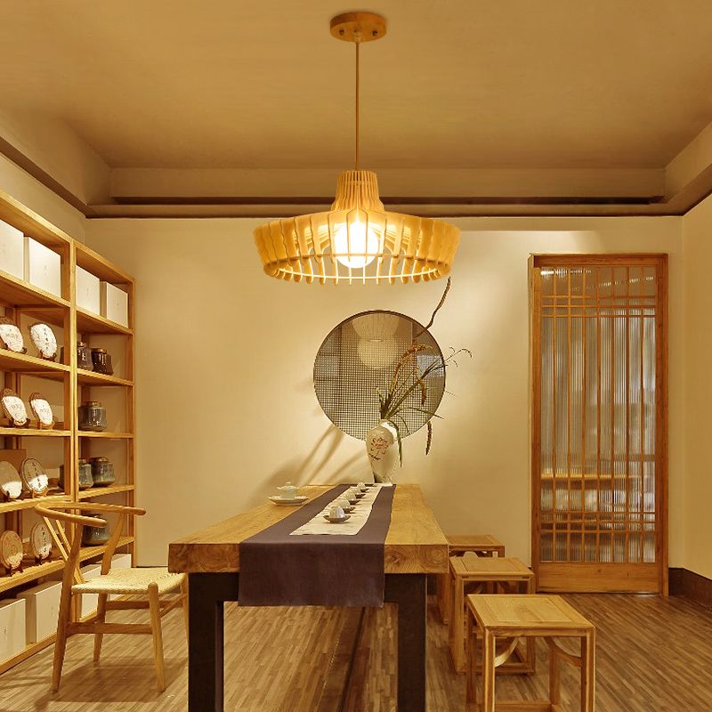 South-East Asia Hat Hanging Lamp Wood 1 Bulb Ceiling Pendant Light in Beige for Restaurant