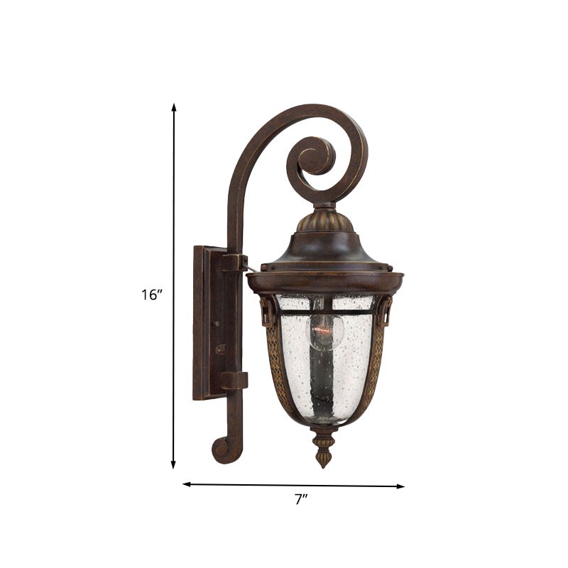 Scrolling Arm Metal Wall Lamp Rustic 1 Light Outdoor Sconce in Bronze with Seedy Glass Shade