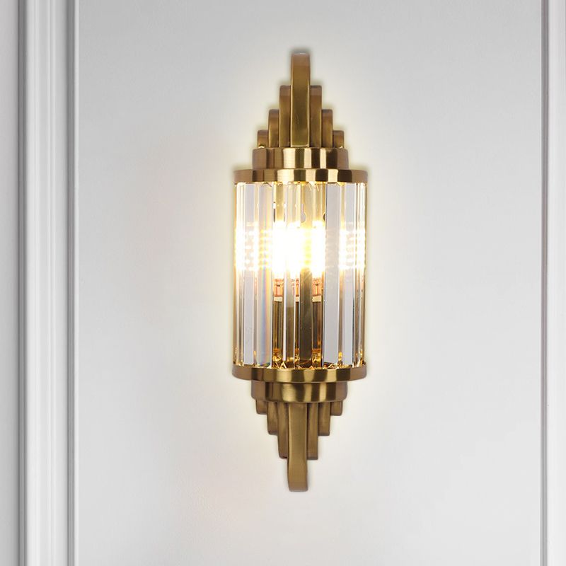 Gold Finish Half Cylinder Sconce Postmodern 1-Head Crystal Prisms Wall Light Fixture for Living Room