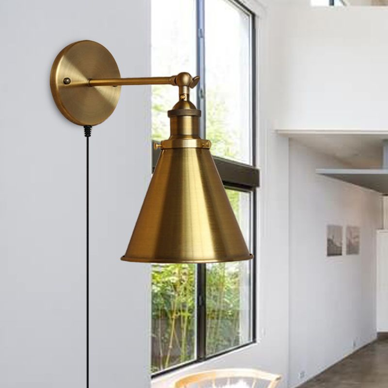 1 Bulb Tapered Wall Light Fixture Retro Style Brass Metal Wall Light with Plug-In Cord for Living Room