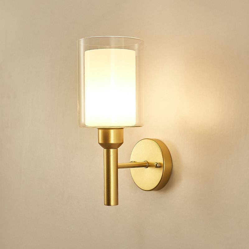 Metallic Single Bulb Wall Light, Golden Finish with Cylinder Shaped Glass Shade