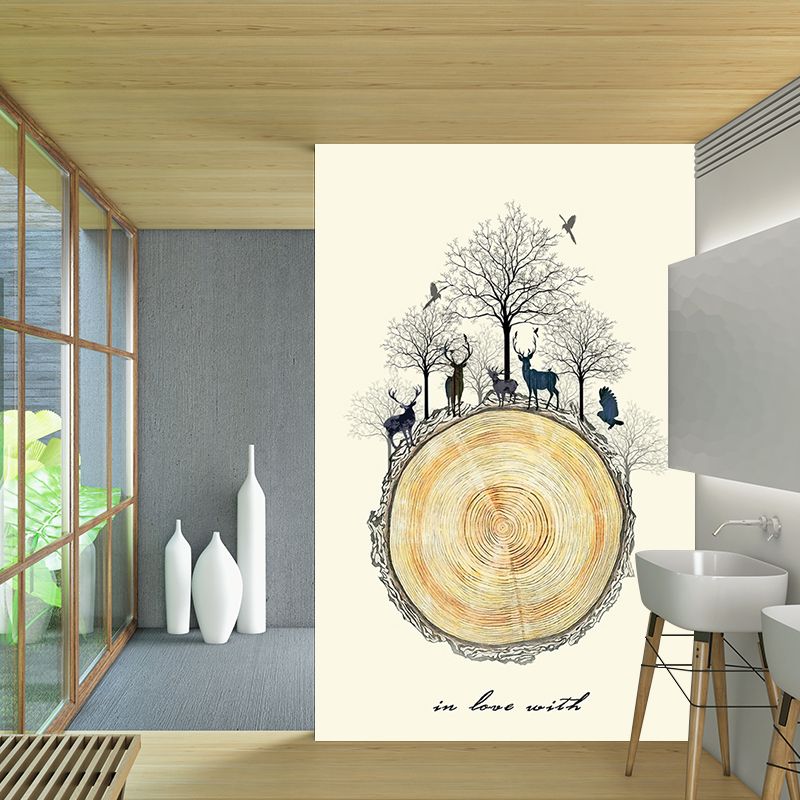 Decorative Deers Wall Mural Decal Beige Wood Trunk Wall Art for Living Room, Optional Size