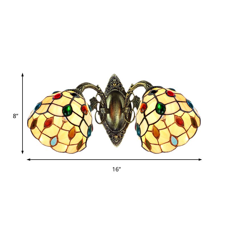 Tiffany Style Domed Wall Lighting Stained Glass 2 Heads Jewel Wall Mount Fixture for Stairway