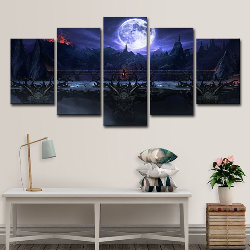Game Scene Wall Art Kids Gloomy Full Moon Castle Night Canvas Print in Dark Blue