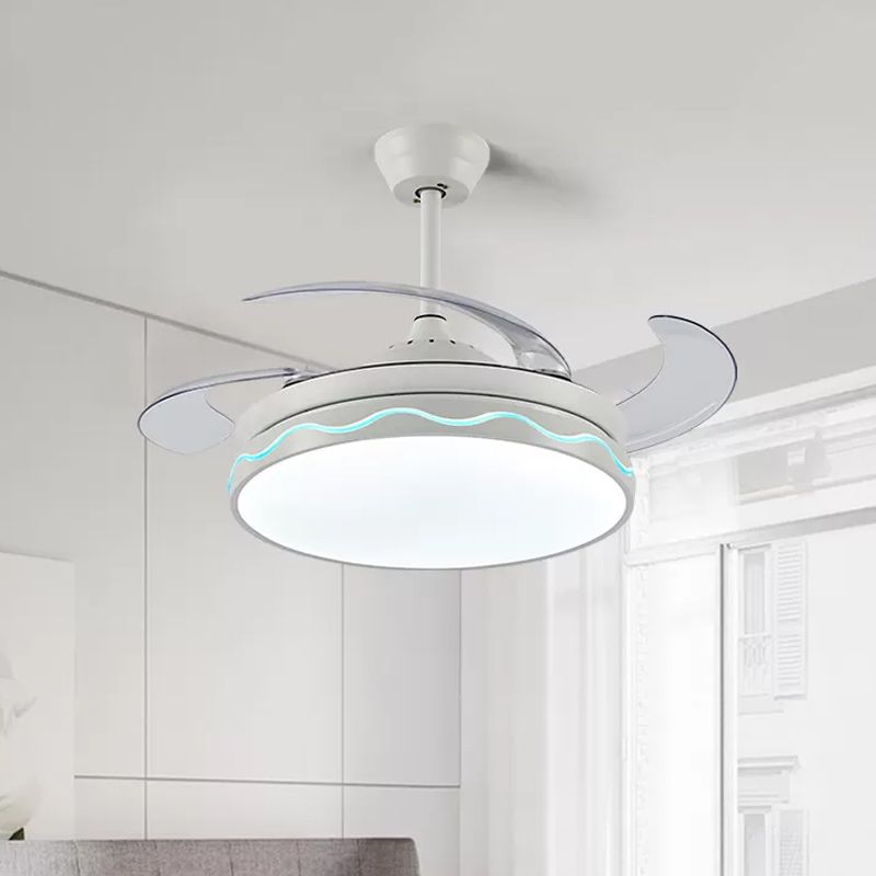White Round Hanging Fan Lamp Nordic Style Acrylic Living Room LED 4 Blades Semi Flush Mount, Remote/Wall Control/Frequency Conversion and Remote Control, 42" Wide