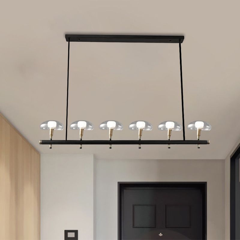 Clear Shade Mushroom Linear Pendant 4/6 Lights Glass Island Lighting in Black for Restaurant
