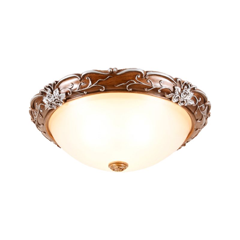 Milky Glass Brown Ceiling Lamp Semi-Spherical 3 Bulbs Countryside Flush Mount Lighting with Flower Pattern