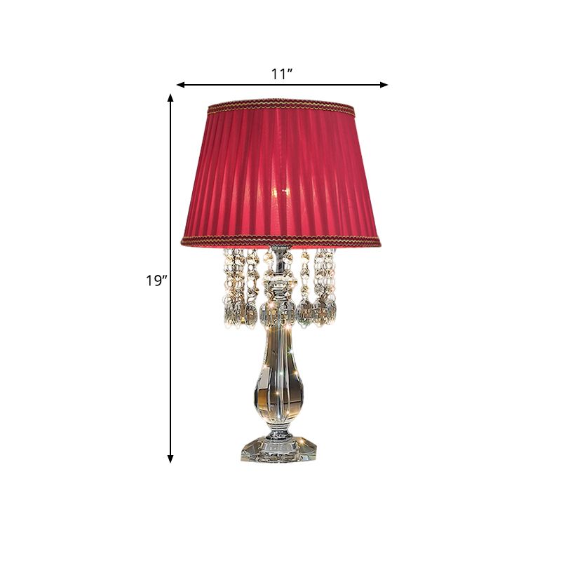 Beige/bordeaux/hemelblauw 1 lamp nachtkastje lamp traditionele heldere kristallen kralen bel/geplooide schaduw tafellicht voor slaapkamer
