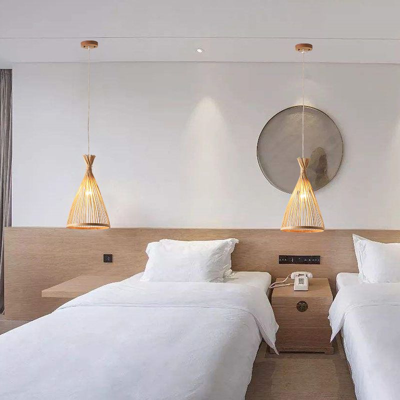 Conical Pendant Light Fixture Chinese Minimalist Bamboo 1 Light Restaurant Suspension Pendant
