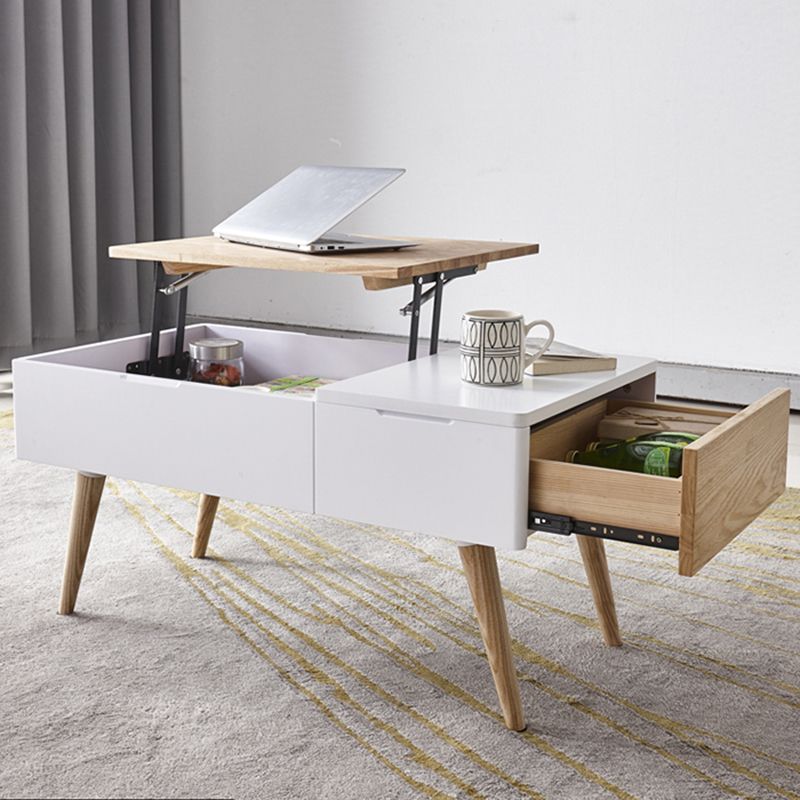 Retangular Natural Wood 4 Legs Coffee Table 1 Single Modern Cocktail Table with Drawers