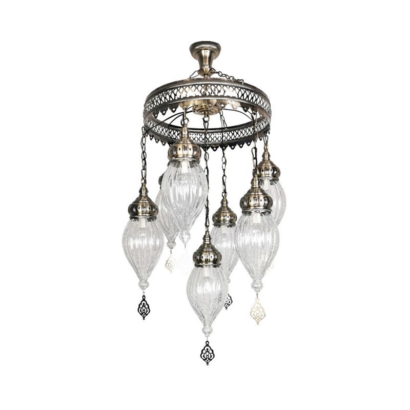 Clear Crackle Glass Chandelier Light Fixture Bohemia 7-Light Living Room Ceiling Pendant with Circular Design