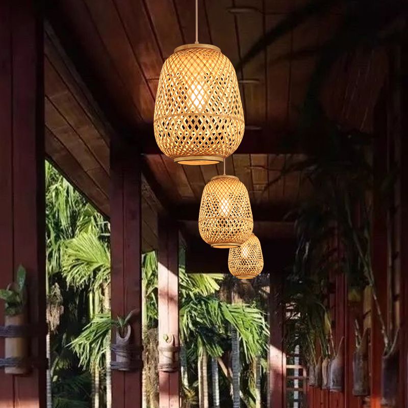 Lantern Shaded Bamboo Suspension Lighting Minimalist 1 Head Wood Pendant Ceiling Light