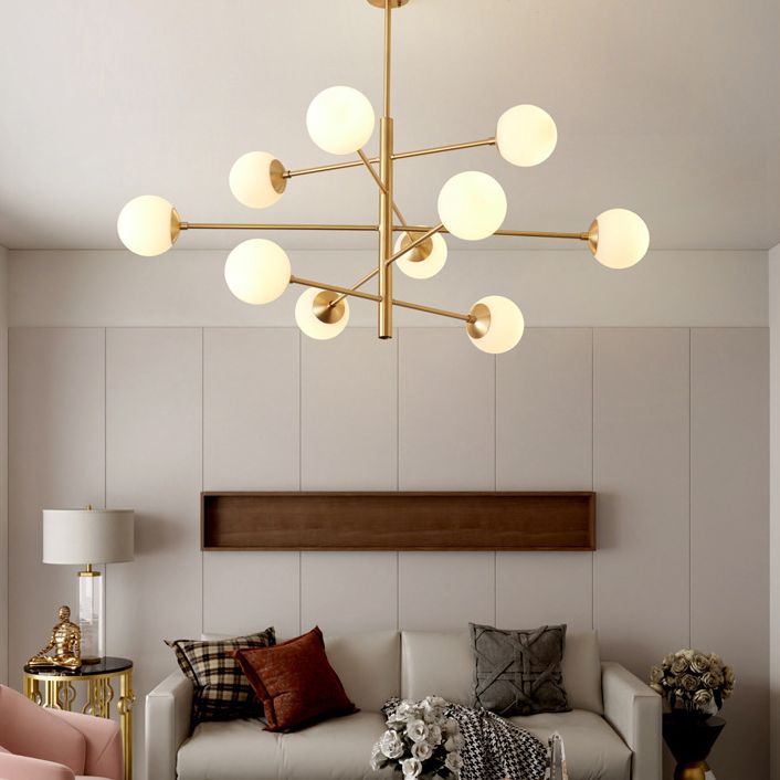 Post-Modern Hanging Chandelier Light Satin Opal Glass Ceiling Chandelier in Gold for Living Room