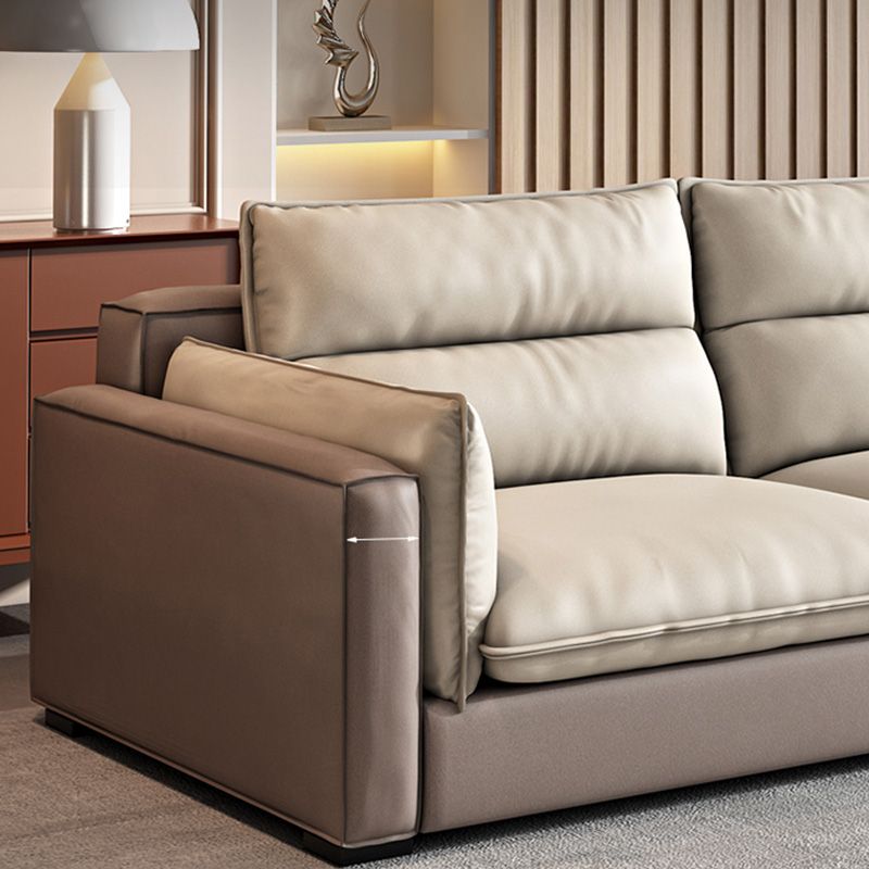 Stain Resistant Beige Stationary Faux Leather Living Room Square Arm Seating