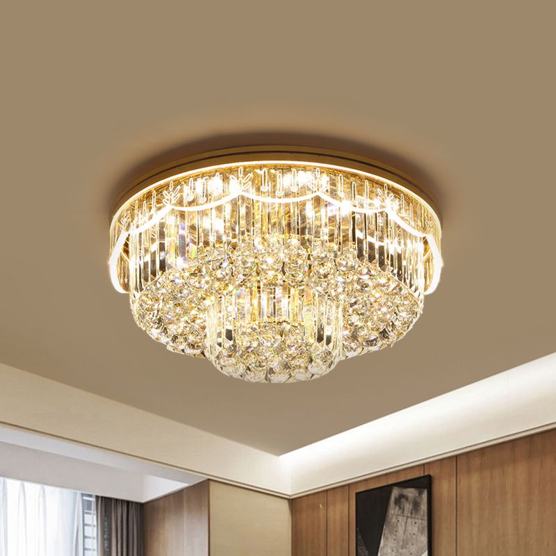Cut Crystal Clear Flush Light 2-Tiered Round 8 Bulbs Modern Ceiling Mounted Light for Bedroom