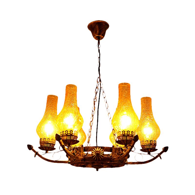 6-Light Crackle Glass Hanging Chandelier Traditional Beige Vase Living Room Pendant Light Fixture