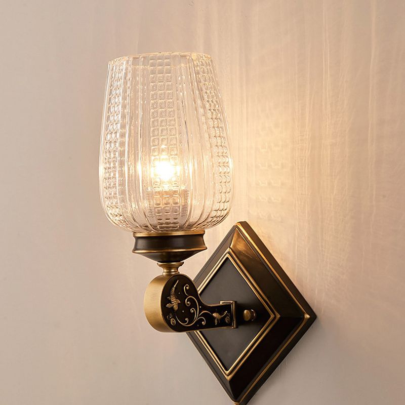 Cup Shade Wall Mounted Light Contemporary Style Clear Textured Glass 1 Bulb Brass Wall Lighting