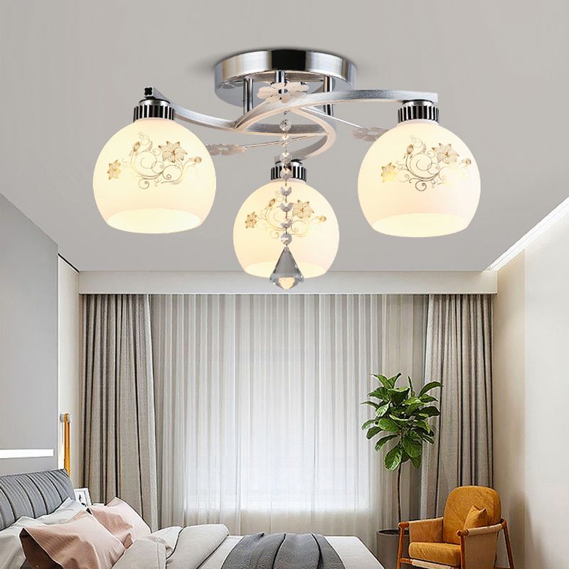Chrome Shaded Ceiling Flush Light Minimalist Opal Glass Semi Flush Mount Fixture with Diamond Crystal